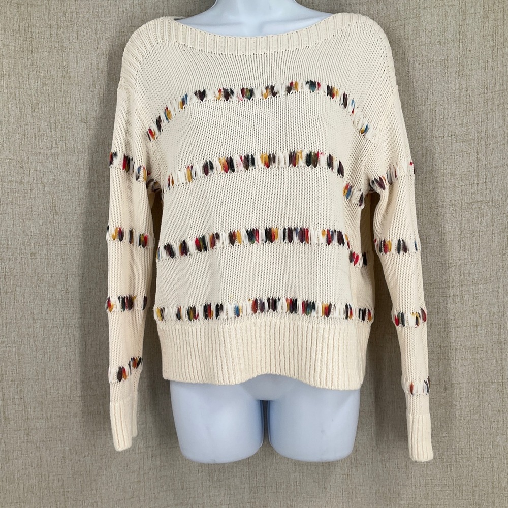 Lou & Grey for LOFT Sweater Women‎ S Cream Rainbow Confetti Stripe Boho Artsy